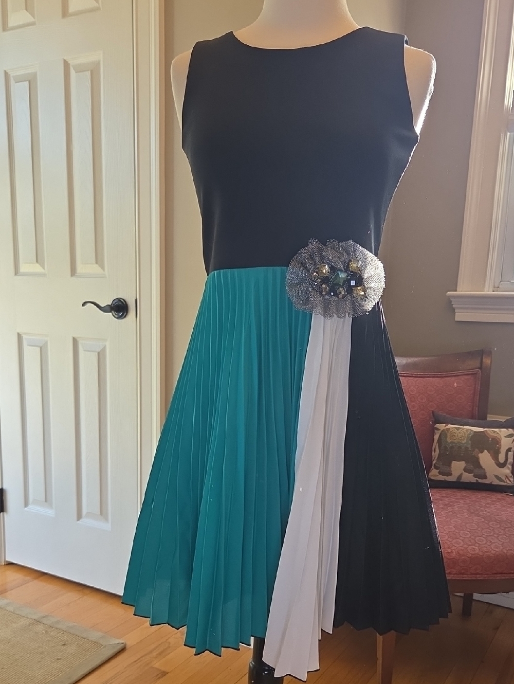 Zoe Ltd Girls Tweens Teal Black Ivory Pleated Colorblock Dress NWT 16